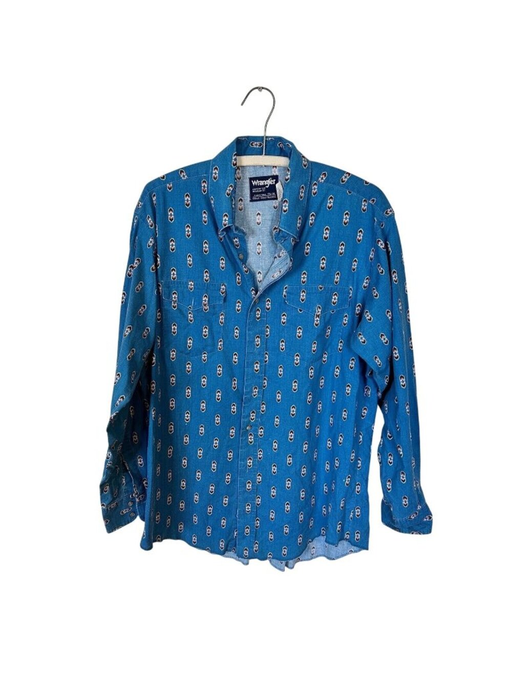Vtg Wrangler Mens Western Shirt Pearl Snap Button Up Blue Aztec 2X Cotton 1980s